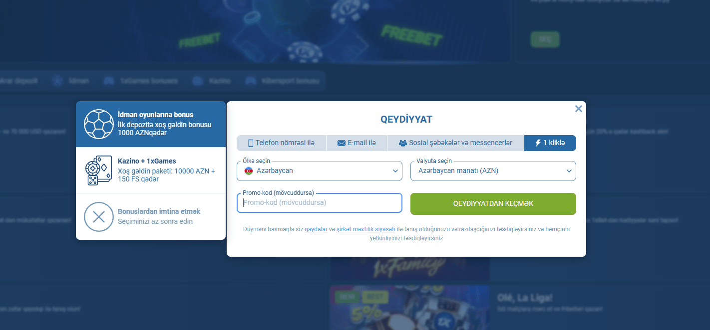 1xBet bonus kodu – 1xBet qeydiyyat pəncərəsi və bonus seçimlərinin göstərildiyi ekran görüntüsüı
