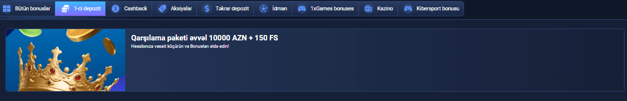 1xBet promo kodu – 1xBet kazinosunda qarşılama paketi 10000 AZN + 150 FS təklifi üçün banner görüntüsü