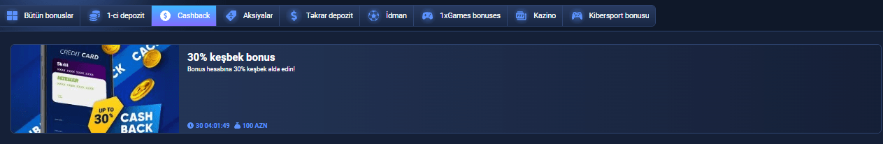 1xBet kupon – 1xBet platformasında 30% keşbek bonusu reklam bannerdə əks olunmuşdur