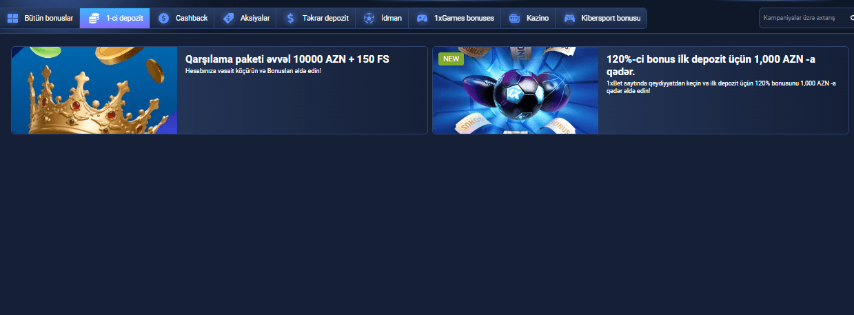 1xbet bonusları – 1xBet-də ilk depozit bonus paketi və əlavə təkliflərin göstərildiyi promo ekran