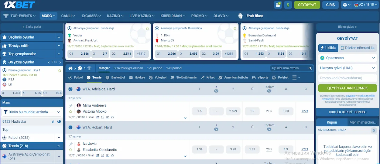 1xBet tenis mərcləri xətti – bu gün oyunlar və əmsallar