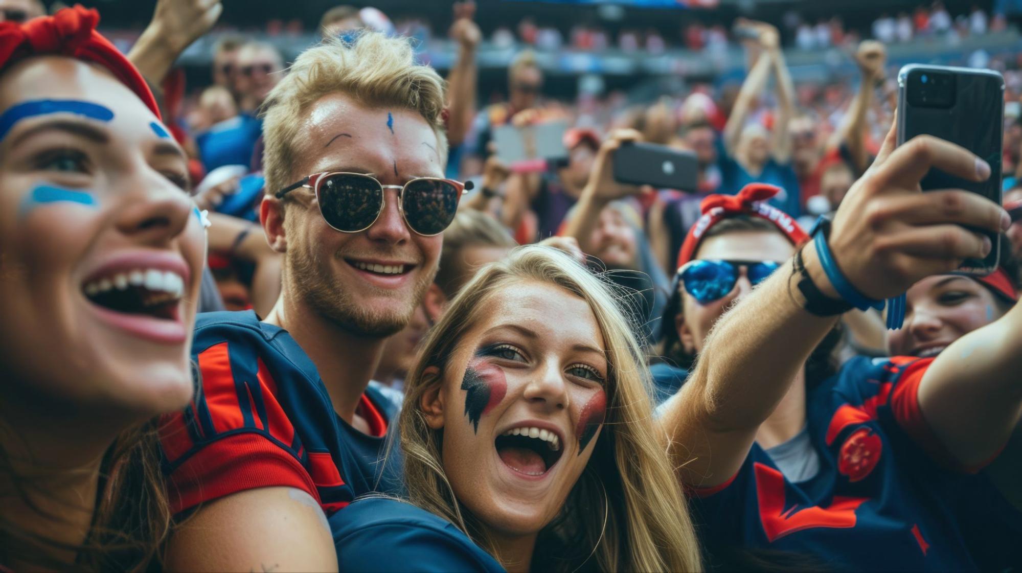 Stadionda coşğu ilə selfi çəkən futbol azarkeşləri, 1xbet fransa ligue 1 mərc vasitəsilə oyunun hər anından həzz almağı və qazanmaq şansını simvolizə edir