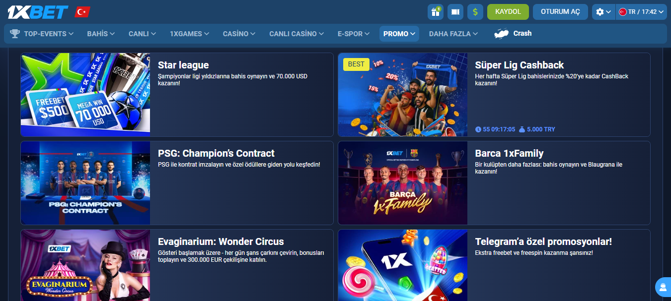 Oyunculara sunulan 1xBet bonuslar ve kampanyalar gösteriliyor
