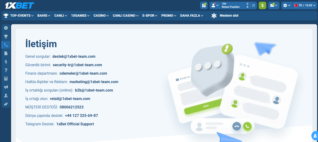 1xBet müşteri hizmetleri için Türkiye’deki iletişim kanallarını gösteren görsel; canlı destek, e-posta ve diğer resmi destek yöntemleri listelenmiştir