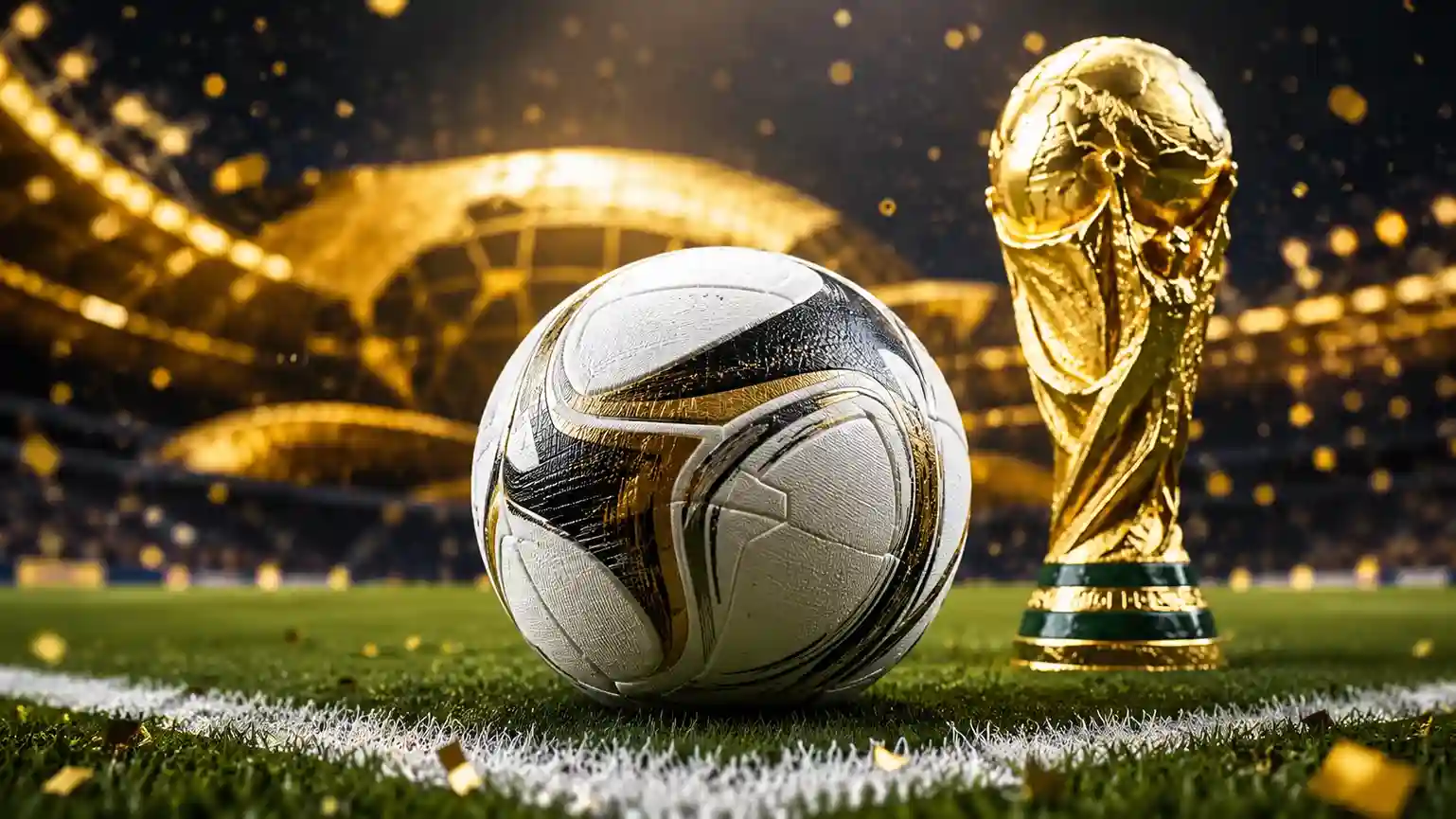 Football ball and World Cup-style trophy on a stadium field