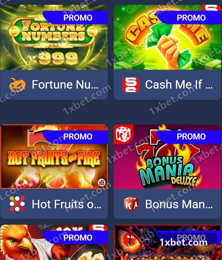 Best Games in Mauritania: slot cards with studio icons in the 1xBet casino lobby